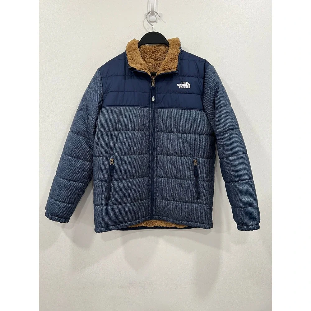 The North Face Puffer Jacket Boys Large Navy Blue Reversible Fleece Brown